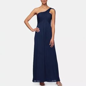 Alex Evenings Blue One Shoulder Draped Empire Waist Chiffon Formal Dress Size 10